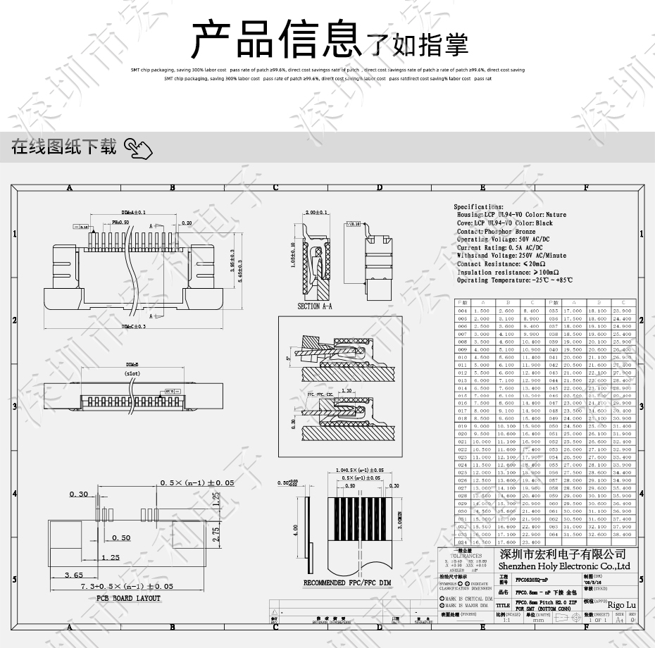 FFC/麻豆免费电影 软排线插座 0.5mm间距-45P 下接拉锁 45Pin 抽屉式
